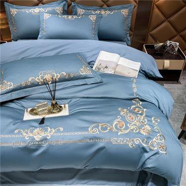 Luxury Blue Gold Baroque Europe Embroidery Duvet Cover Set, Cotton Bedding Set